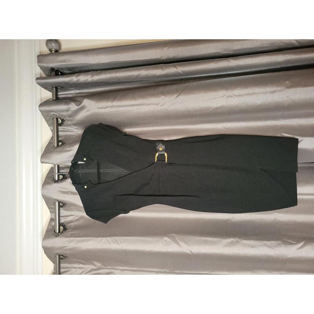 Cache Dress Black Midi Dress with Cap Sleeves and Belt Detail